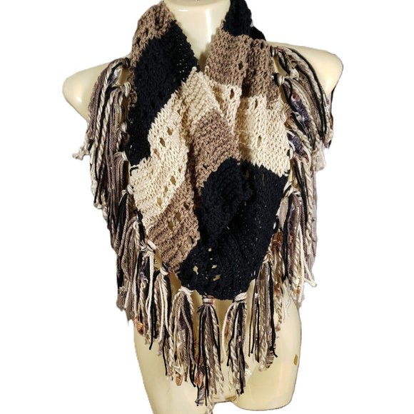 NEW Hand Knitted Black Beige Brown Infinity Boho Cowl Scarf Fringed Handmade - Picture 1 of 8